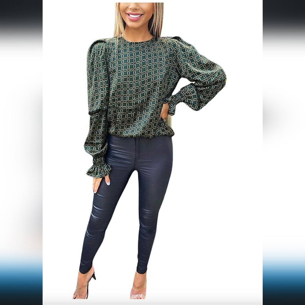 AX Paris Chain Printed Double Puff Sleeve Top Dark Green Size 10